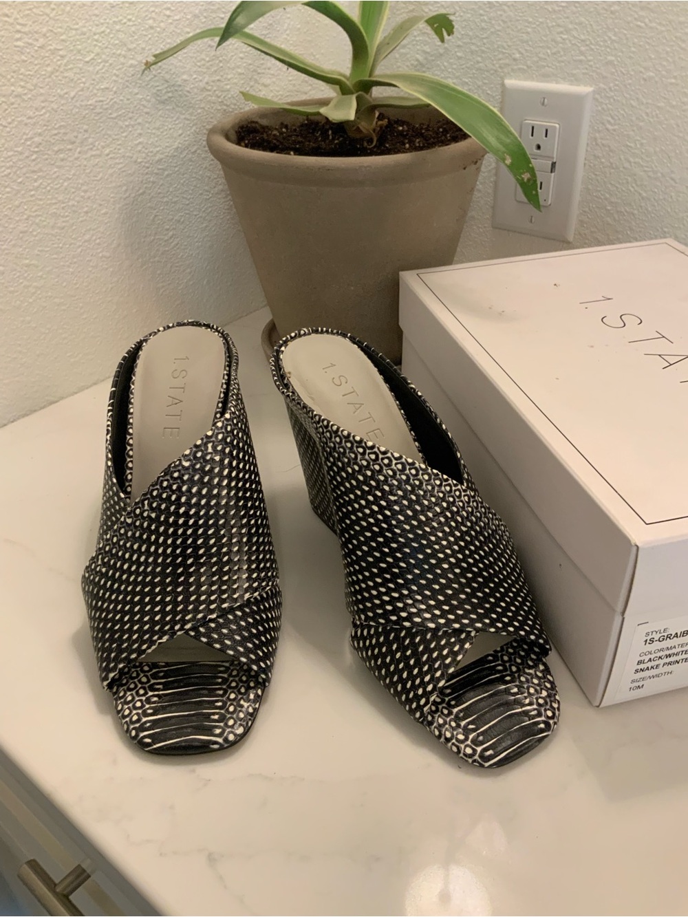 1. State Black & White Woven Peep-Toe Mule Wedges